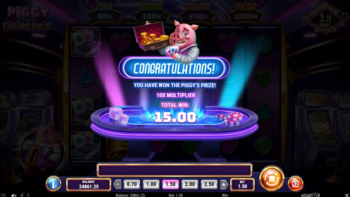 Piggy Blitz Casino Gold slot game screen with neon lights and gold coins